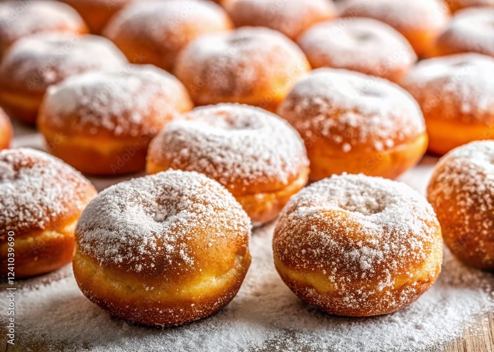 Delicious Portuguese Malasadas Donuts Sprinkled with Sugar - Close-Up Top View Delicious Portuguese Malasadas Donuts Sprinkled with Sugar - Close-Up Top View