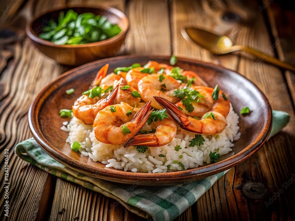 Delicious Shrimp and Rice Dish on Rustic Wooden Table - Stock Photo Delicious Shrimp and Rice Dish on Rustic Wooden Table - Stock Photo