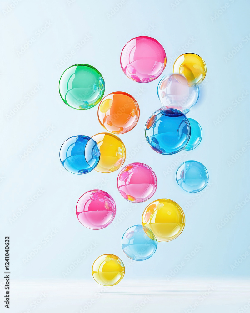 Floating colorful spheres create playful and vibrant atmosphere Floating colorful spheres create playful and vibrant atmosphere