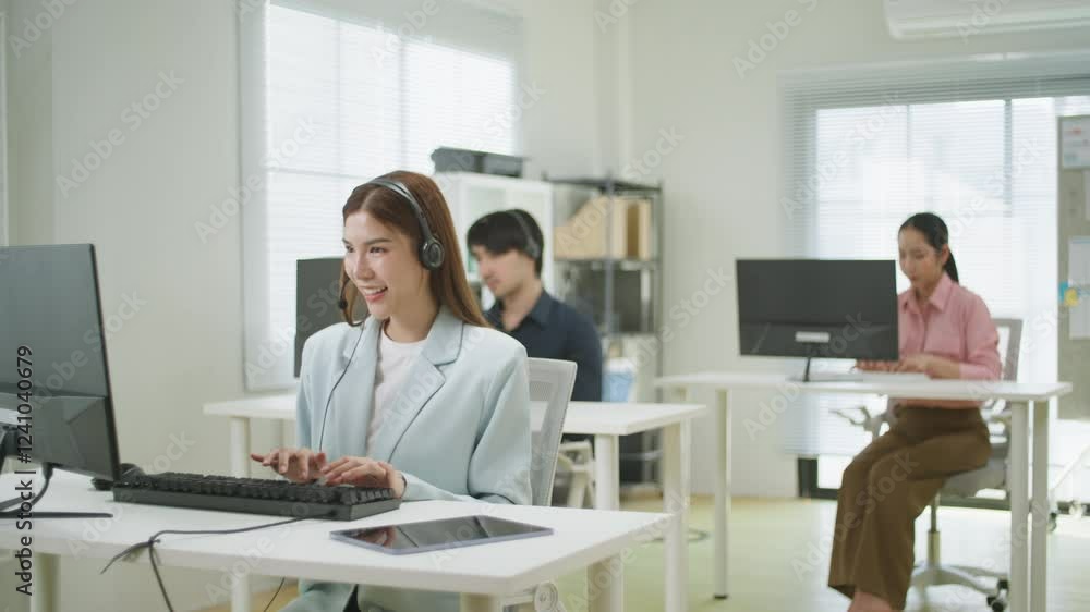 Attractive young businesswoman consultant and call center with headphones for customer service, support or online advice at office. Cheerful Telemarketing Representative Operator Providing CRM Support Attractive young businesswoman consultant and call center with headphones for customer service, support or online advice at office. Cheerful Telemarketing Representative Operator Providing CRM Support