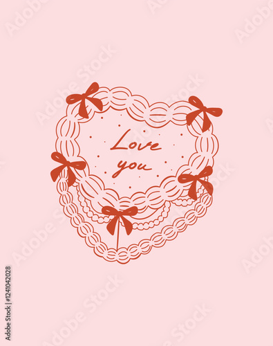 Valentines day greeting card. Coquette aesthetics retro cake. Vintage heart shaped cake with ribbon bows in linear style. Vector illustration for posters, cards, printing on t-shirt etc.