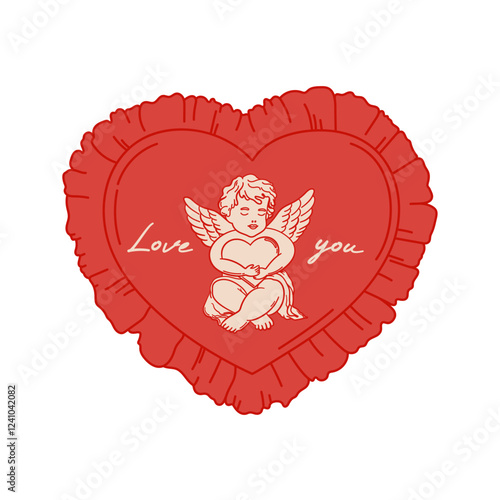 Valentines day. Cute coquette red frame heart shape in vintage style. Heart shaped red pillow with ruffles and cupid. Vintage cushion with cherub. Editable vector illustration.