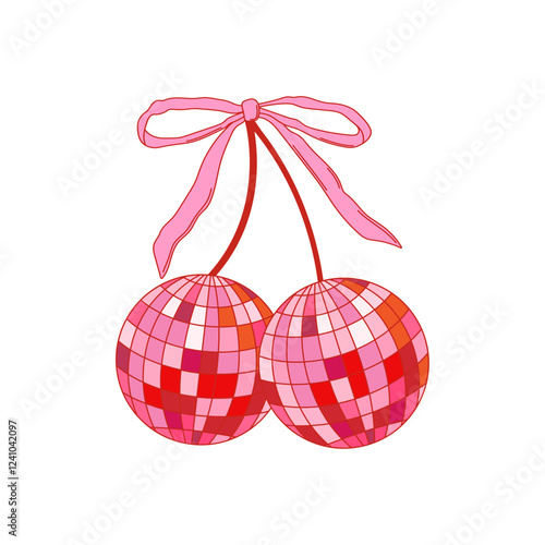 Coquette cherry disco ball with bow. Retro mirror disco ball isolated on white background. Vector illustration disco print for poster, postcard design etc.