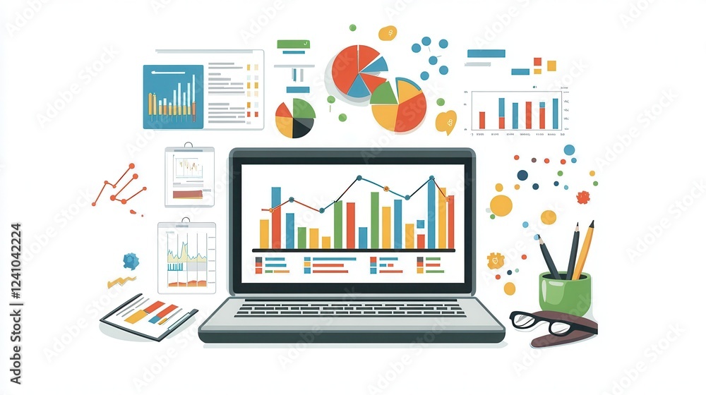 Business analysis workspace setup featuring charts, graphs, and a laptop on a clean desk, professional yet approachable environment Business analysis workspace setup featuring charts, graphs, and a laptop on a clean desk, professional yet approachable environment
