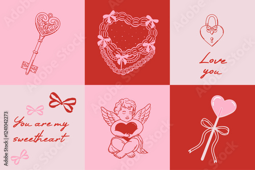 Valentines day greeting card. Cute baby angel with wings and heart. Vintage cake, bows, lollipop, heart shaped key with holiday lettering. Vector illustration for posters, cards, invitation etc.