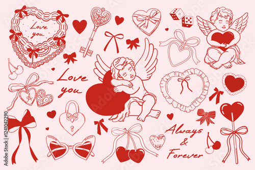 Valentine’s Day collection. Valentine core. Red and pink coquette cute vintage illustration. Vector of cupids, more hearts, cake, cherry, bows etc. Elements for posters, cards, invitation etc.