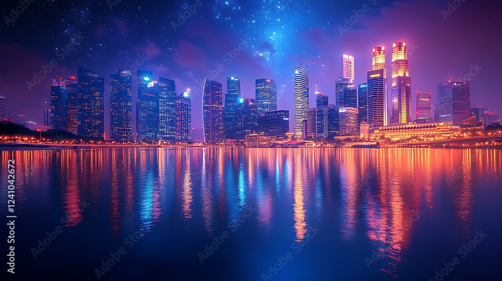Fototapeta premium Night cityscape, harbor reflection, stars, futuristic, advertising
