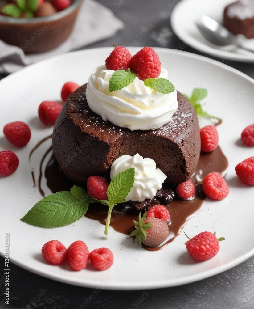 Close-up of chocolate lava cake with whipped cream, fresh raspberries, and mint leaf on a white plate, whipped cream, chocolate lava cake, dessert, decadent Close-up of chocolate lava cake with whipped cream, fresh raspberries, and mint leaf on a white plate, whipped cream, chocolate lava cake, dessert, decadent
