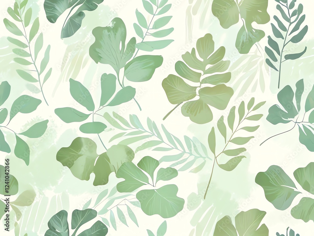 Serene Watercolor Botanical Print: A Whimsical Garden of Green Leaves Serene Watercolor Botanical Print: A Whimsical Garden of Green Leaves