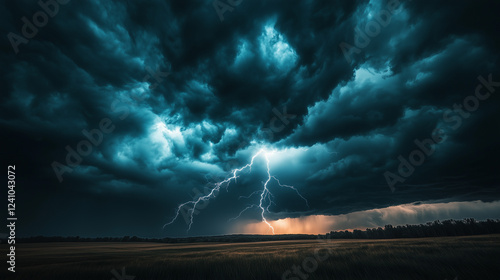 A dramatic lightning bolt striking the ground in the middle of an open field, with storm clouds swirling above,lightning in the sky