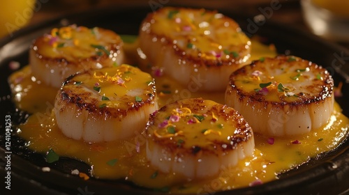 Seared scallops with citrus sauce. photo