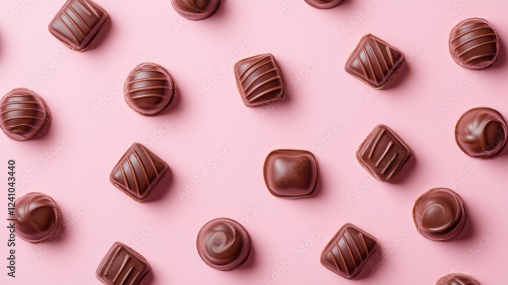 Fototapeta premium A Symphony of Hearts: A Delightful Collection of Exquisite Chocolate Hearts, Beautifully Displayed on a Pastel Pink Surface, Creating a Scene of Pure Romance and Sweet Indulgence