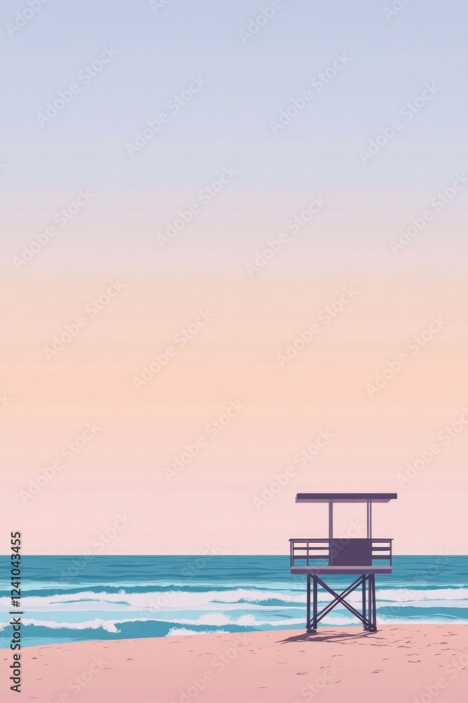 Pastel sunset on serene beach with lifeguard tower silhouette Pastel sunset on serene beach with lifeguard tower silhouette