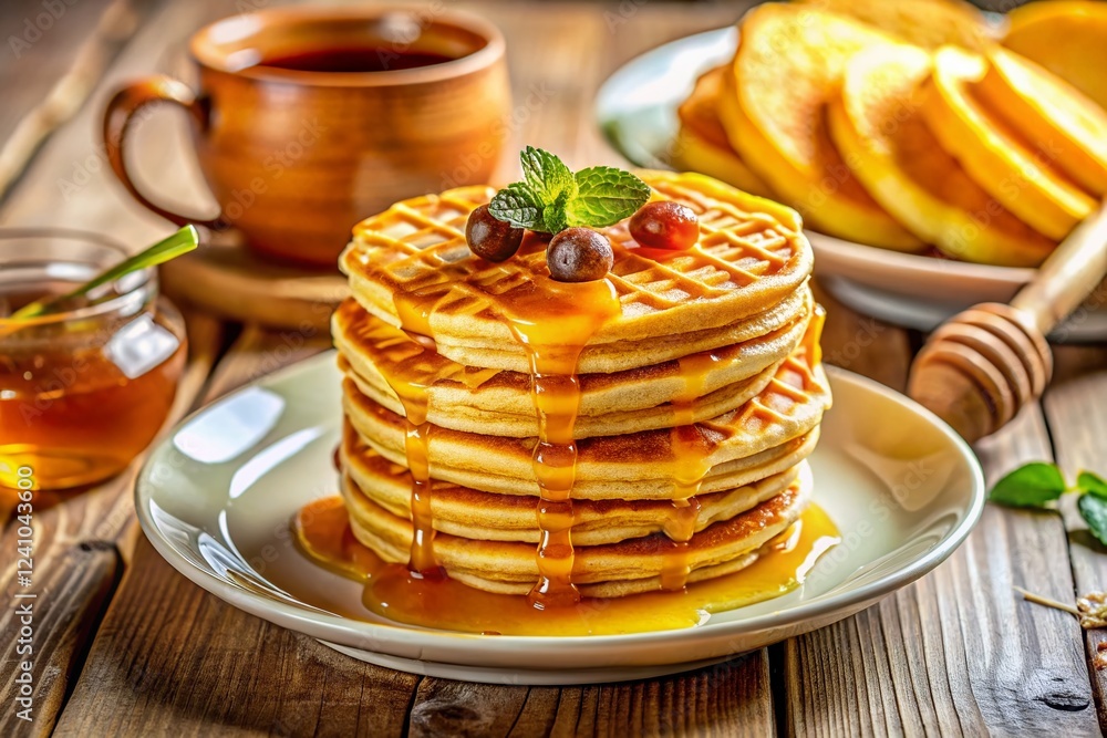Delicious Stack of Golden Pancakes and Waffles Drizzled with Honey Delicious Stack of Golden Pancakes and Waffles Drizzled with Honey