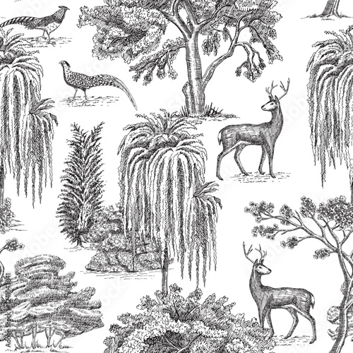 Toile park with pheasant bird, deer animal, willow, oak tree seamless pattern. Classic landscape wallpaper.