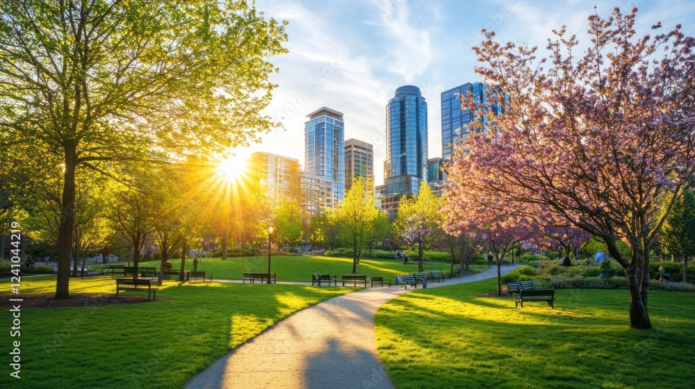 Sunlit city park with blossoming trees and skyscrapers at sunset. Sunlit city park with blossoming trees and skyscrapers at sunset.