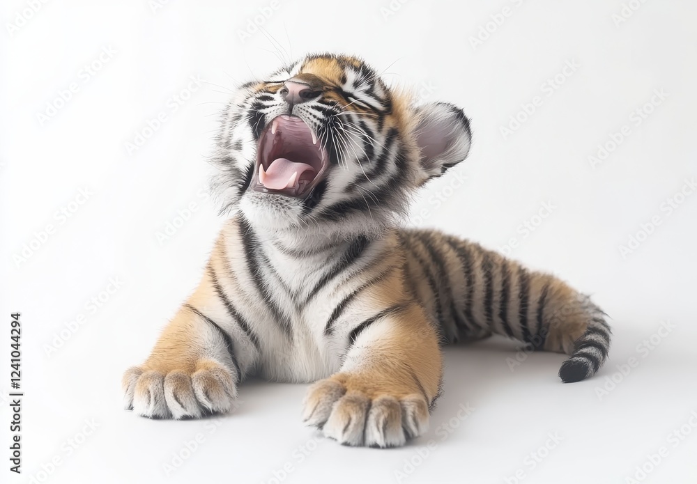 Fototapeta premium A small tiger cub rests against a plain white backdrop. Its mouth is wide open in a yawn, showcasing its soft fur and distinctive stripes. Gentle