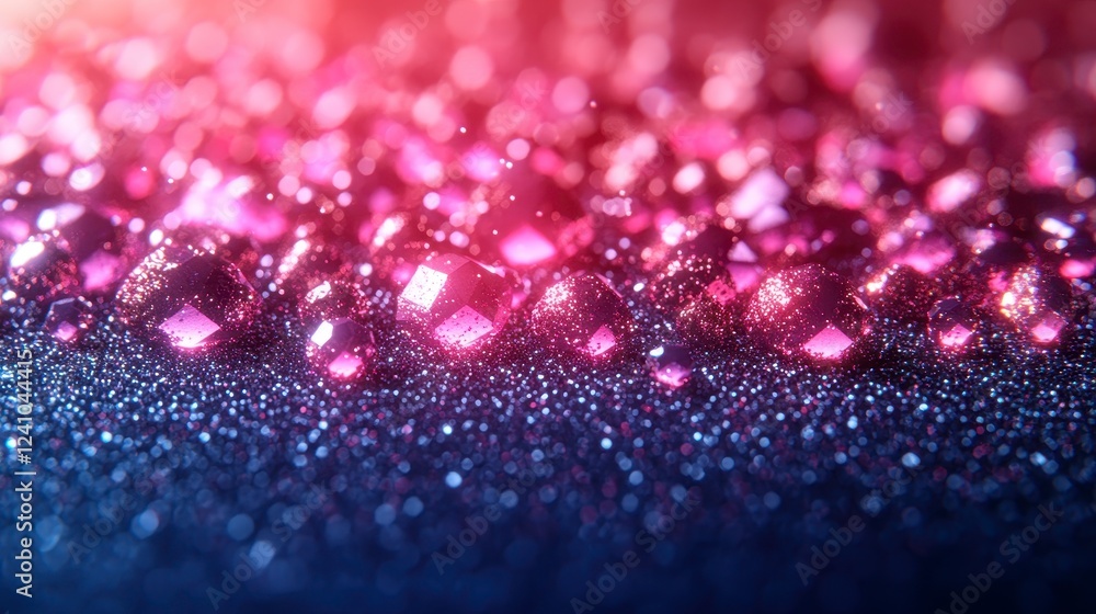 Pink gems sparkle on dark glitter, bokeh background