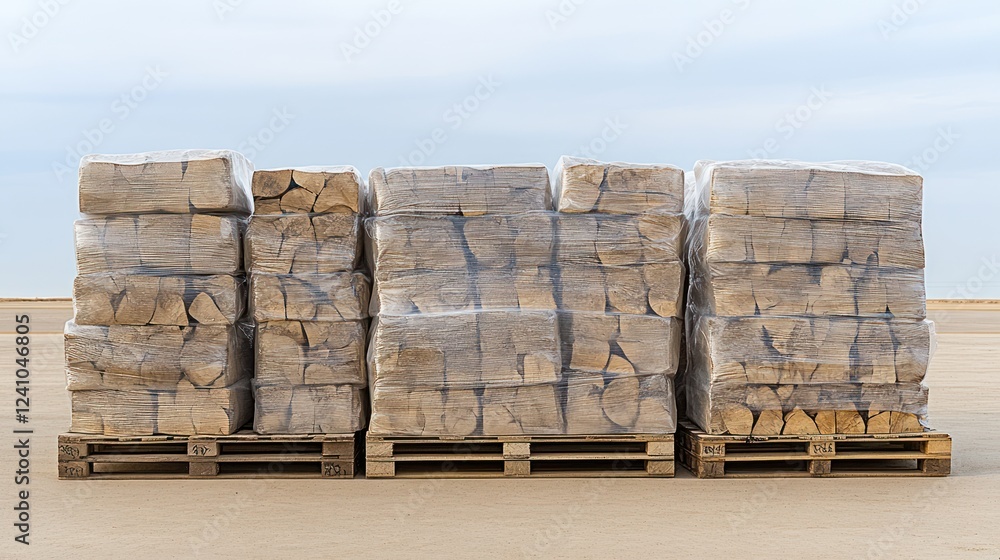 Three pallets of neatly stacked firewood wrapped in plastic, outdoors on a sandy surface.