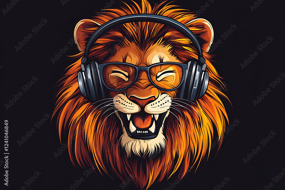 Obraz premium lion wearing headphones on a black background, music dj lion with sunglasses and headphones, lion wearing Headphones and sunglasses, 3d illustration, 3d rendering