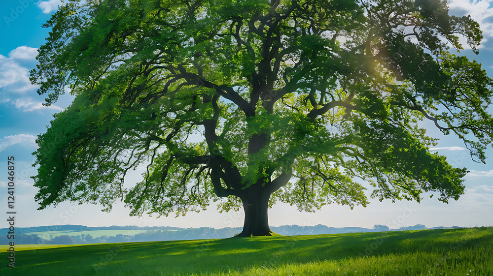 Fototapeta premium Green grass field with tree in summer sunlight