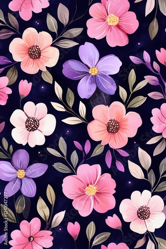 Vibrant floral pattern with pink, purple, and white flowers on dark background