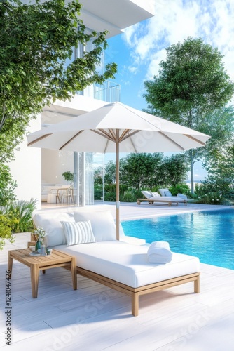 A serene outdoor lounge area with a pool, sunbed, and umbrella, surrounded by lush greenery, perfect for relaxation and leisure. photo