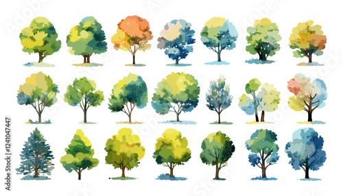 Watercolor tree set, different color mix, hand-drawn top view, vector illustration, isolated on white, for landscape plan, garden, architecture layout, summer spring trees, environment,