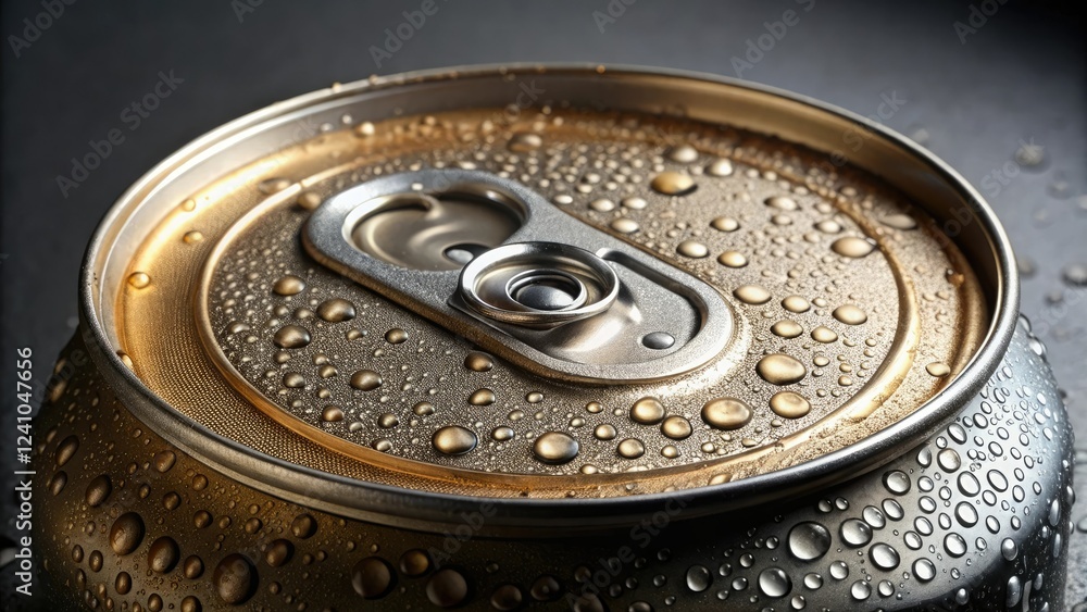 Close-up shot of a single empty beer can with condensation and lid on the side, packaging design ideas, condensation effects Close-up shot of a single empty beer can with condensation and lid on the side, packaging design ideas, condensation effects