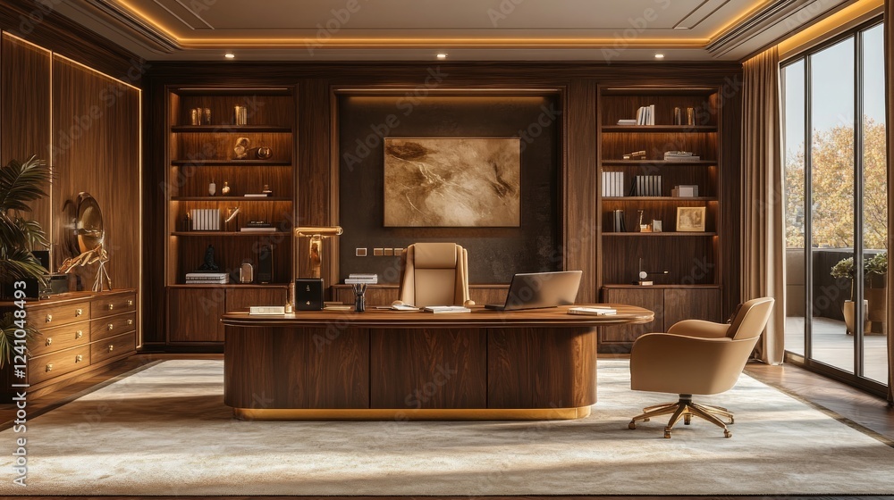 Fototapeta premium A luxurious office with chestnut-colored walls, walnut wood furniture, beige chairs, golden accents, and ambient lighting for a warm and inviting professional atmosphere