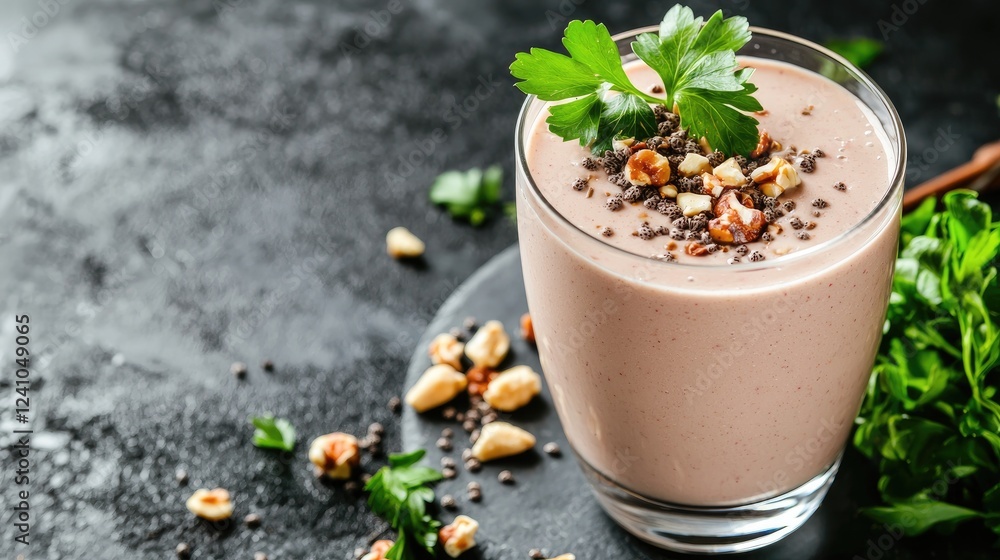 Pink smoothie with nuts, seeds, and parsley. Healthy breakfast recipe Pink smoothie with nuts, seeds, and parsley. Healthy breakfast recipe