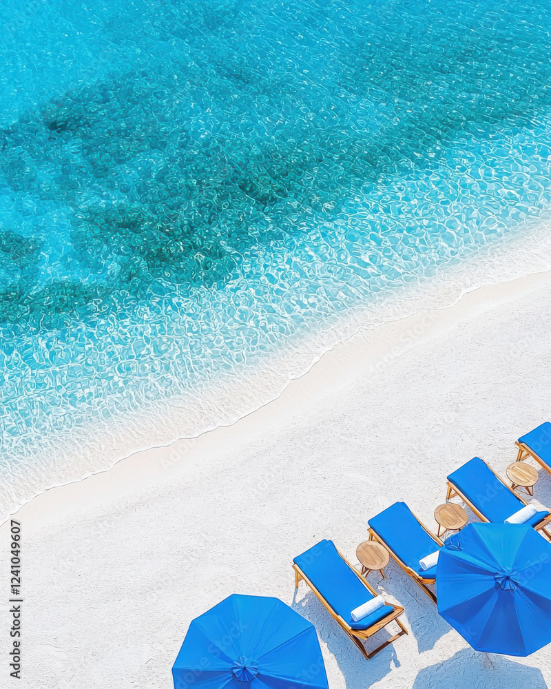 Naklejka premium Luxurious beach with blue loungers and umbrellas by clear ocean