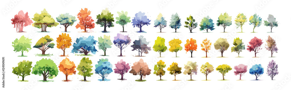Tree watercolor, summer spring tree collection, vector tree side view, landscape architecture, hand drawn elements, garden layout, tree set watercolor illustration, environment and landscape