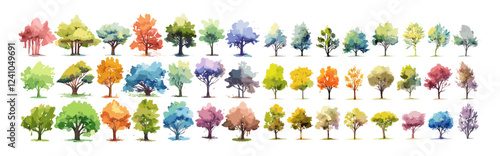 Tree watercolor, summer spring tree collection, vector tree side view, landscape architecture, hand drawn elements, garden layout, tree set watercolor illustration, environment and landscape