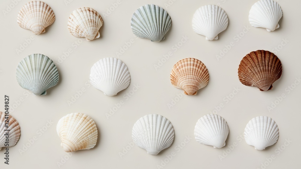 Elegant Isolated pastel seashells in shades of pale lavender mint green and blush pink on a sandy beige background beachy vibes 
