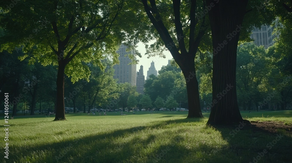 Sunlit park meadow with tall trees framing city skyscrapers in the distance.