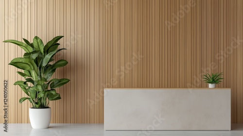 Fototapeta Naklejka Na Ścianę i Meble -  A large white desk with a potted plant in front of it. The desk is empty and the plant is the only decoration