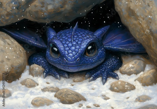 A small, deep purple dragon like creature, resembling a frog with wings, peeks out from under a rocky overhang in a snowy landscape. The creature has photo