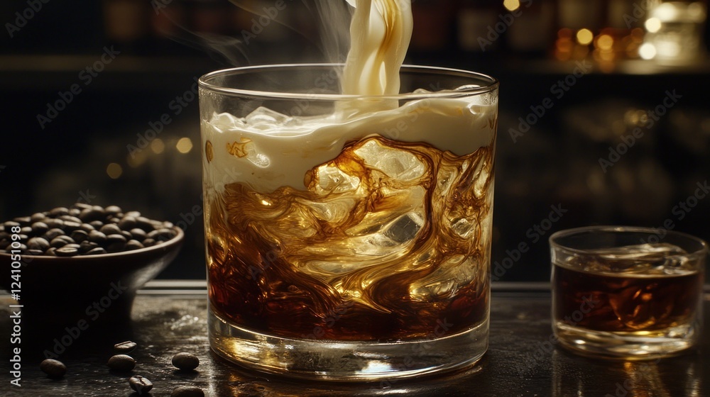 Creamy coffee liqueur poured over ice in rocks glass with coffee beans. Creamy coffee liqueur poured over ice in rocks glass with coffee beans.