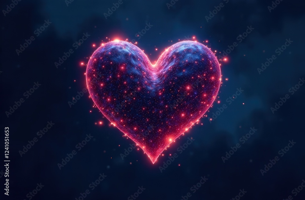 The digital heart symbol glows in a futuristic style. Pink glowing heart on the background of space The digital heart symbol glows in a futuristic style. Pink glowing heart on the background of space