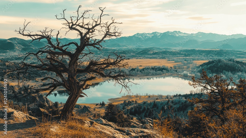 Dead tree overlooking serene lake and mountain range at sunset. Dead tree overlooking serene lake and mountain range at sunset.