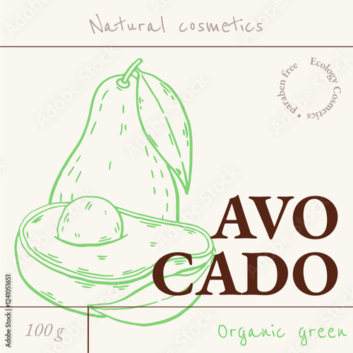 Avocado emblem template. Natural cosmetics ingredient. Hand drawn ink sketch plant from package design. Ecology concept in beauty industry. Vector illustration.