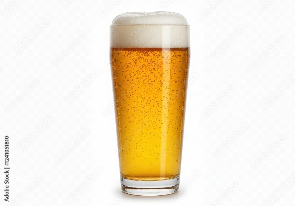 Golden beer glass with frothy foam and bubbles, refreshing beverage for celebrations isolated on White background Golden beer glass with frothy foam and bubbles, refreshing beverage for celebrations isolated on White background