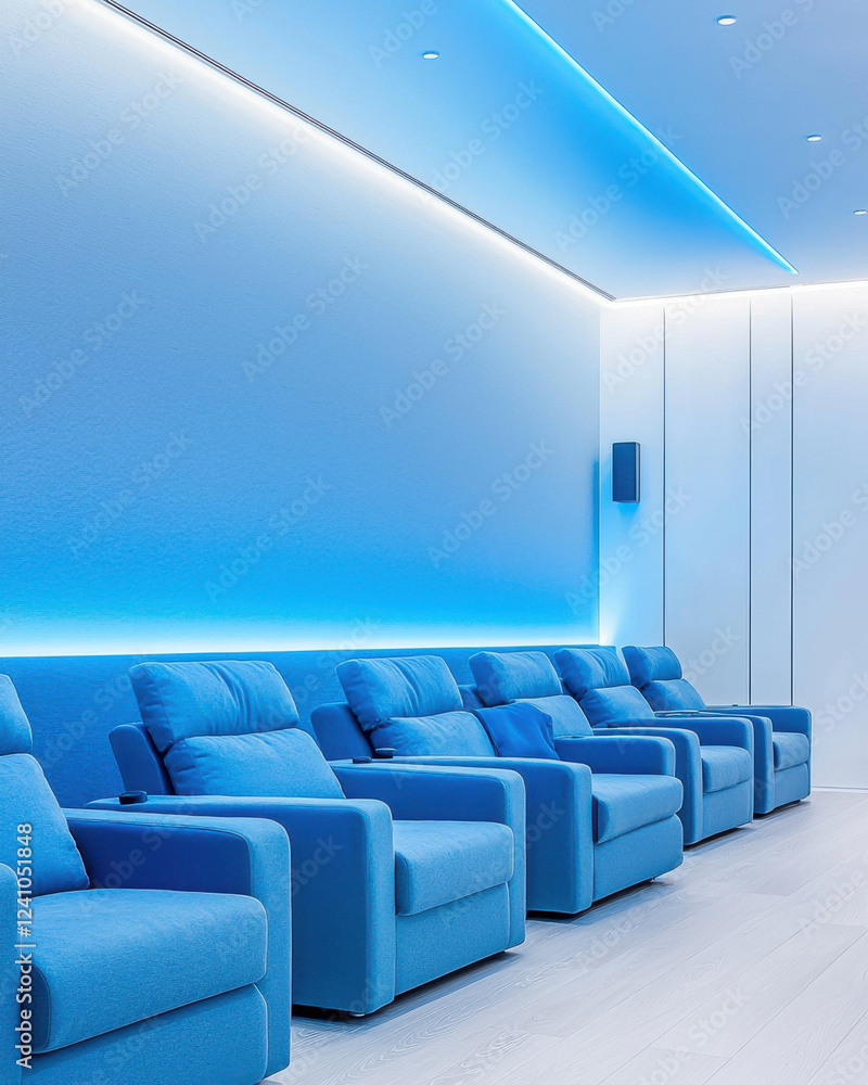 Fototapeta premium Modern home theater with plush blue seating and ambient lighting