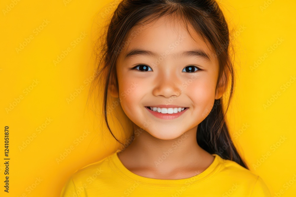 close-up portrait of a joyful asian little girl, her bright smile radiating happiness against a cheerful yellow background, capturing innocence and childhood joy close-up portrait of a joyful asian little girl, her bright smile radiating happiness against a cheerful yellow background, capturing innocence and childhood joy