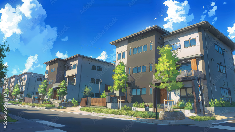 Stylized anime-inspired digital painting of a modern residential neighborhood Stylized anime-inspired digital painting of a modern residential neighborhood