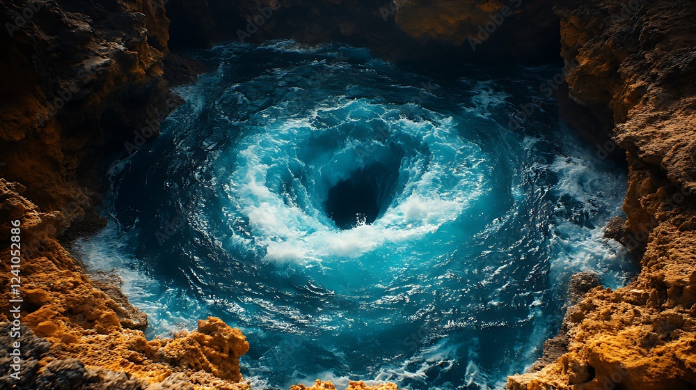 Ocean whirlpool churning in coastal cave, dramatic backdrop Ocean whirlpool churning in coastal cave, dramatic backdrop