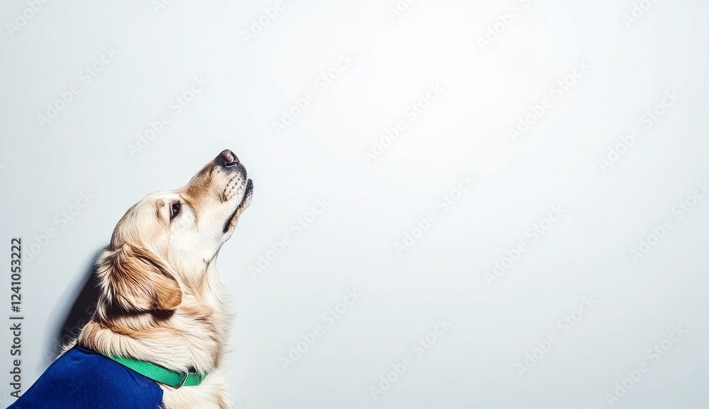 Obraz premium Golden Retriever in Blue Sweater Looking Up Against White Wall