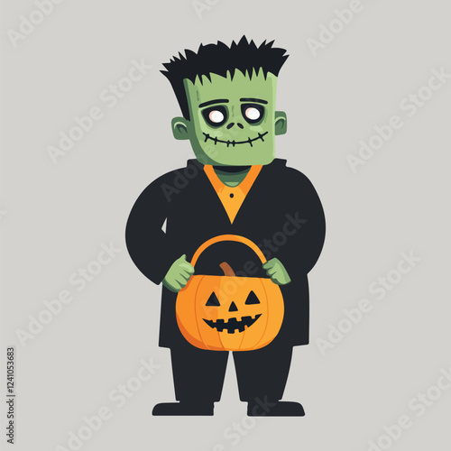 Cheerful Frankenstein Holding Pumpkin vector illustration 