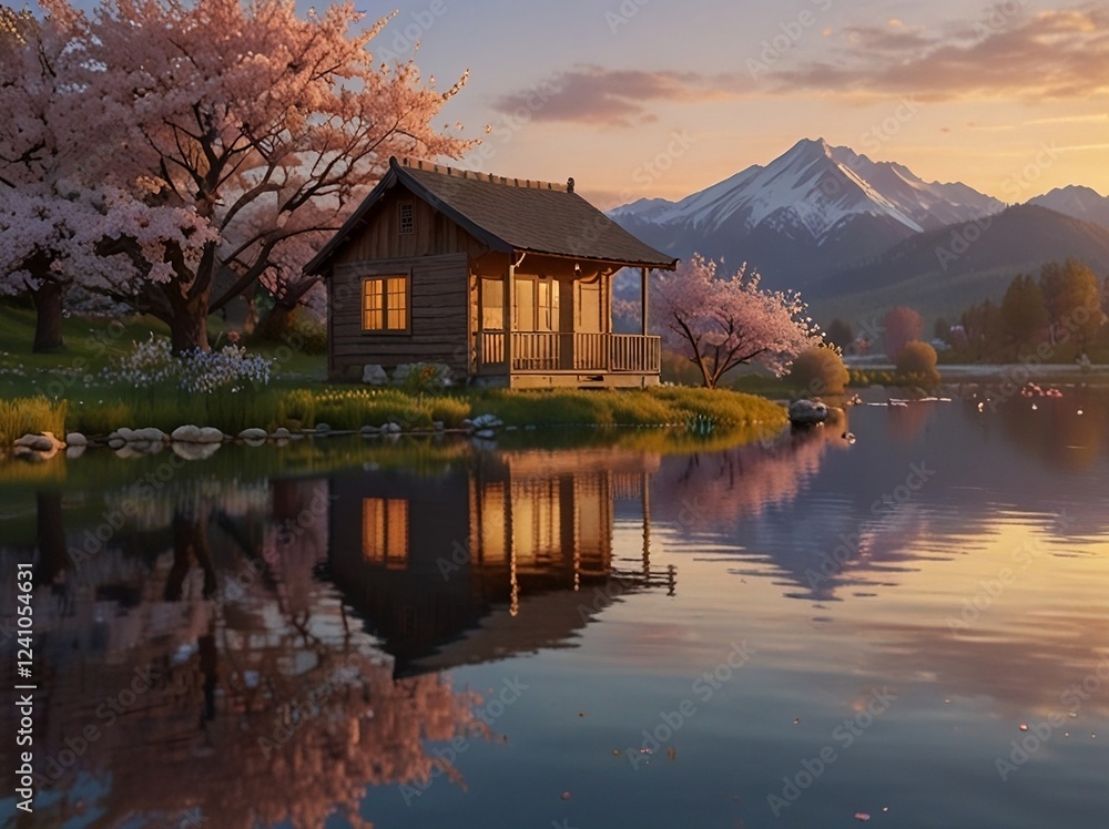 Fototapeta premium Wooden Cabin by Lake with Blossoming Trees at Sunset
